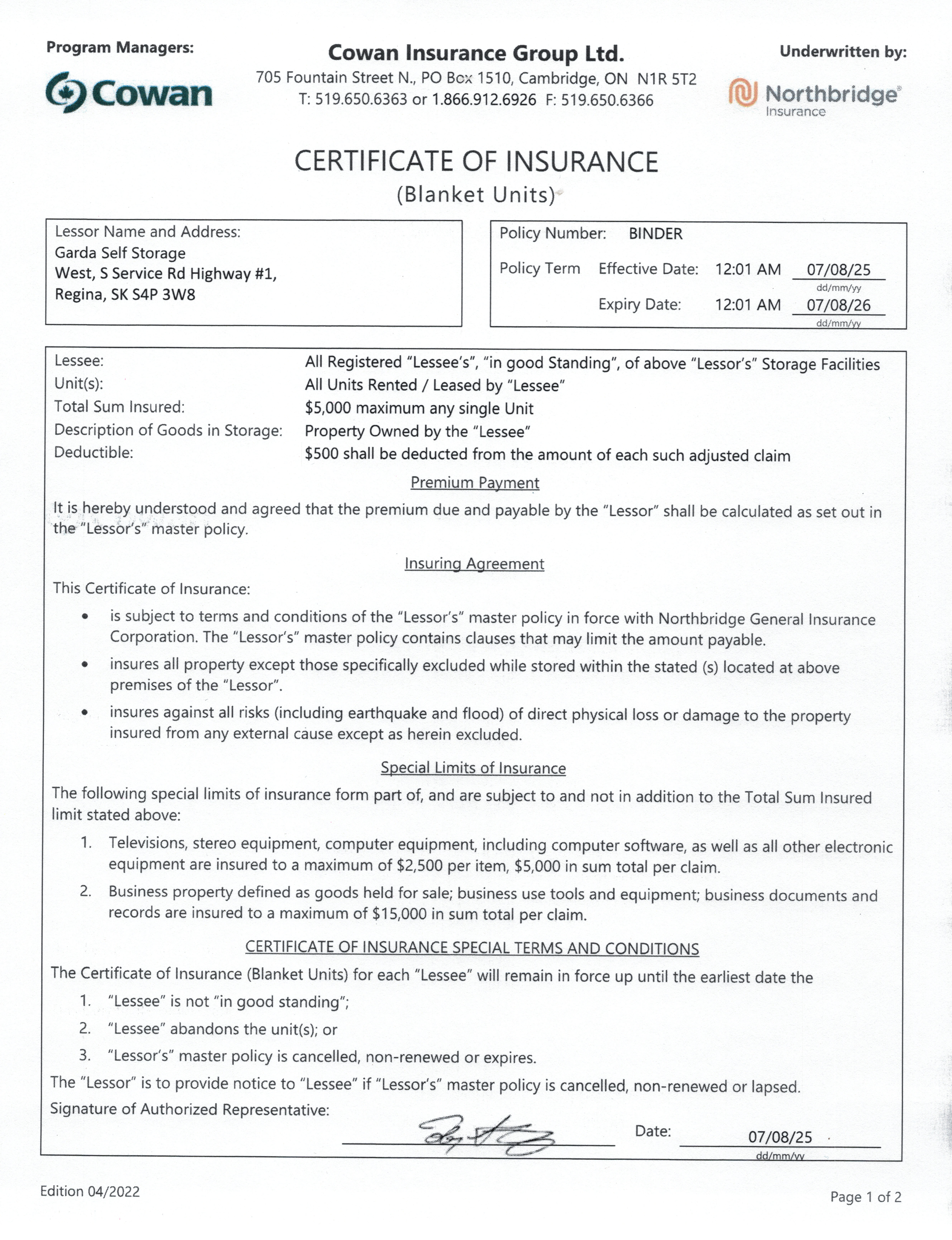 Certificate of Insurance Page 1
